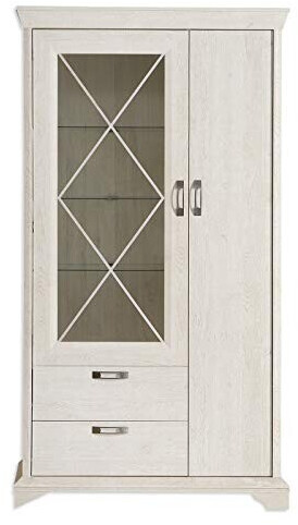 Forte Kashmir Vitrine links mit 1 Tür, 1 Glastür und 2 Schubladen, Holzwerkstoff, Pinie weiß, Bx H x T: 113 x 210,3 x 48,3 cm